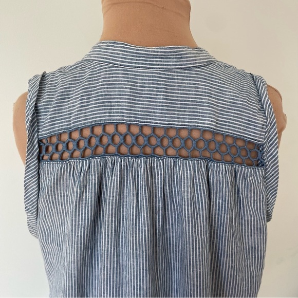 Free People Off Poplin Blue Stripe Chambray Combo Lace Up Mini Dress EUC Size S - Picture 8 of 12
